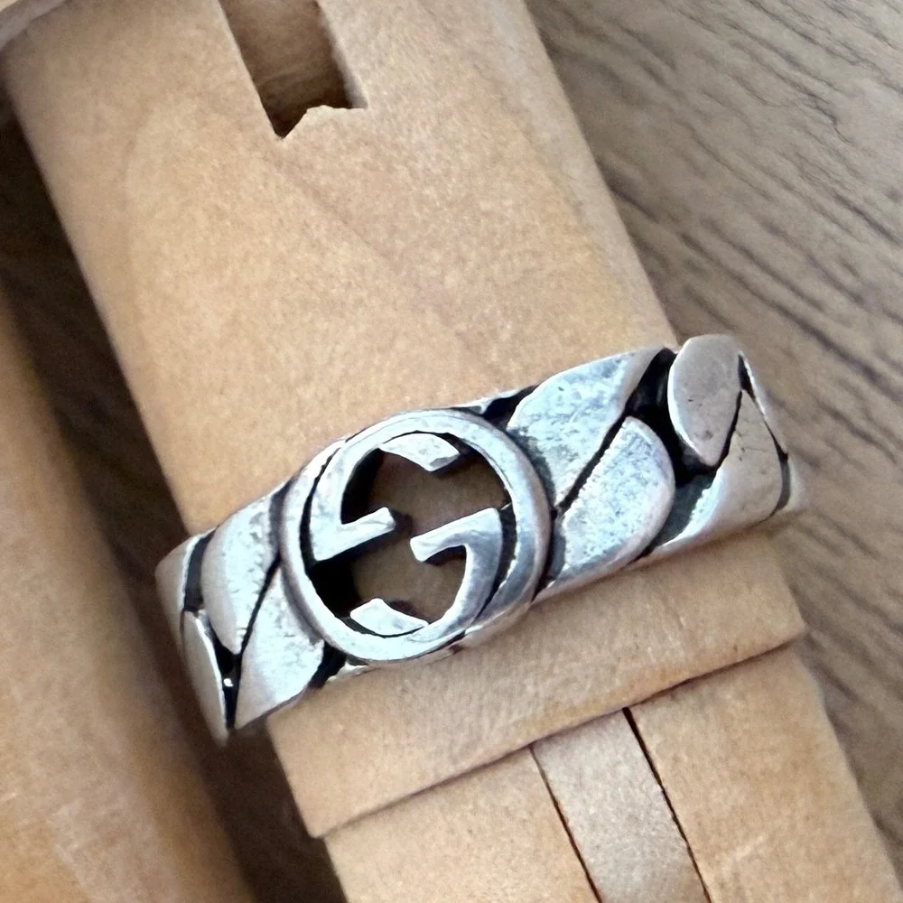 Gucci Interlocking G Curb Chain Ring Sterling Silver 661513 J8400 Size 12 IT 6